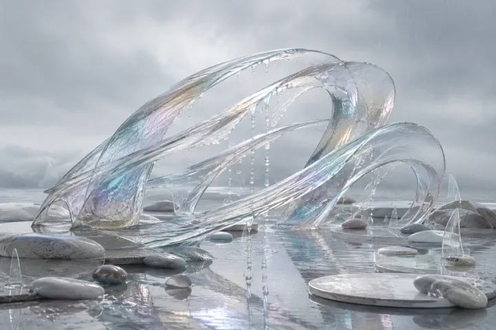 Serene abstract translucent mineral ribbons with suspended rain droplets and subtle prismatic light above reflective shallow water.