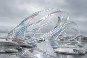 Serene abstract translucent mineral ribbons with suspended rain droplets and subtle prismatic light above reflective shallow water.