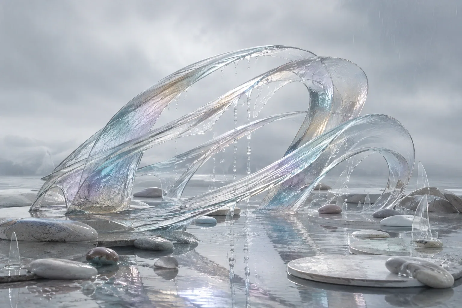 Serene abstract translucent mineral ribbons with suspended rain droplets and subtle prismatic light above reflective shallow water.