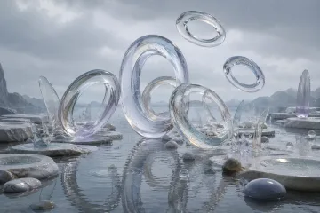 Abstract translucent liquid-glass rings standing and hovering above a shallow reflective mineral basin during gentle overcast rain.