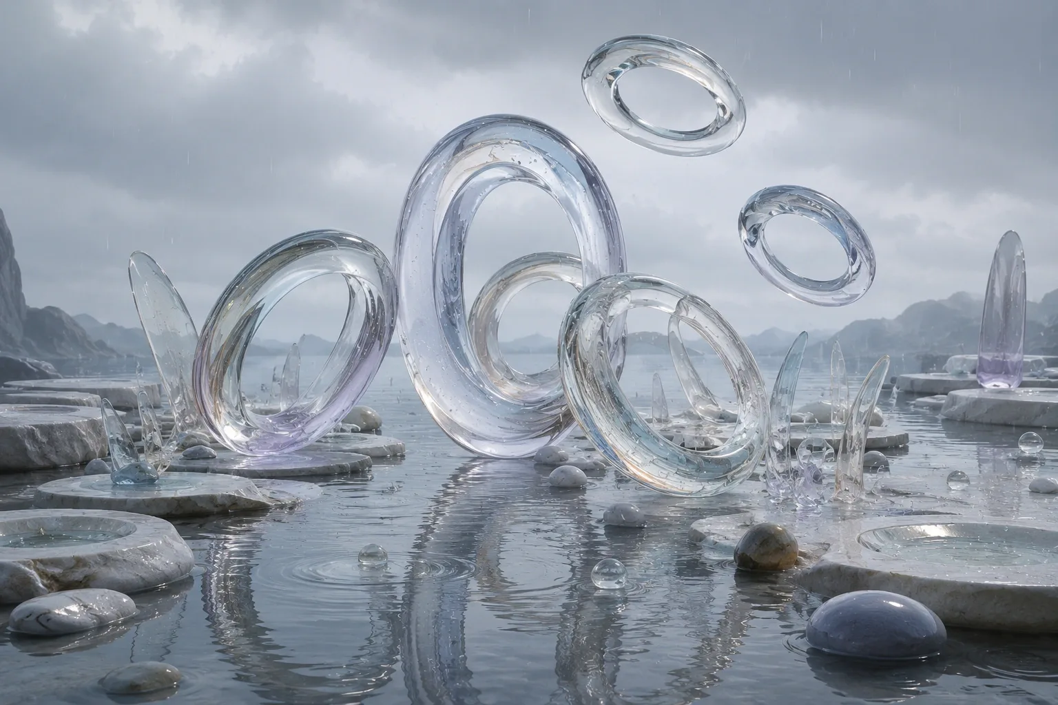 Abstract translucent liquid-glass rings standing and hovering above a shallow reflective mineral basin during gentle overcast rain.