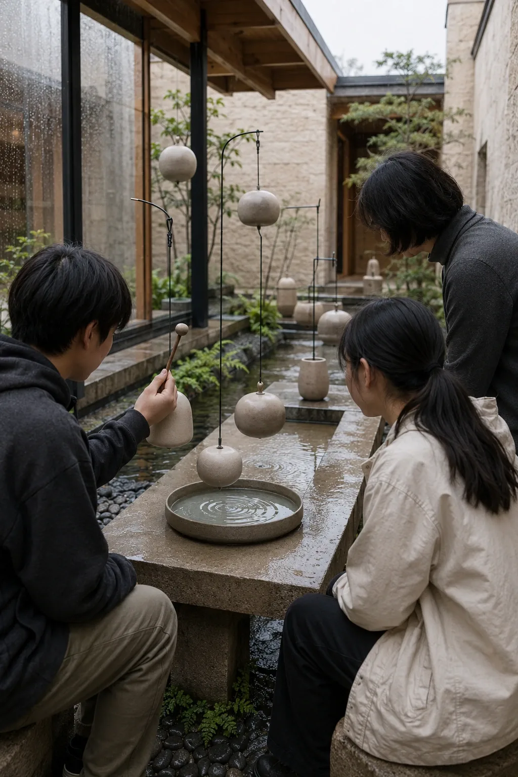 Anonymous educator and two students exploring ceramic sound resonators and water ripples in a rain-washed contemporary learning courtyard.