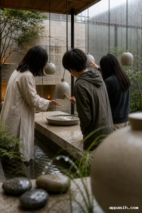 Close three-quarter view of anonymous students and an educator studying ceramic resonance as a droplet falls toward rippling water in a rainy learning courtyard.