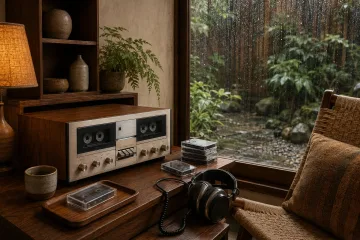 Retro cassette listening desk with generic wood veneer tape deck, blank cassettes, padded headphones, amber lamp, and a rain-streaked garden window.