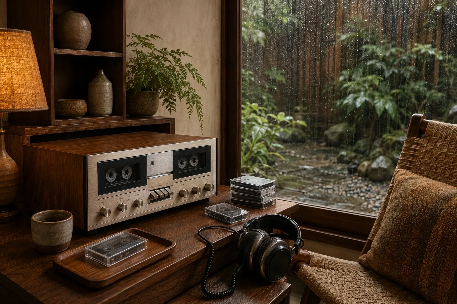 Retro cassette listening desk with generic wood veneer tape deck, blank cassettes, padded headphones, amber lamp, and a rain-streaked garden window.