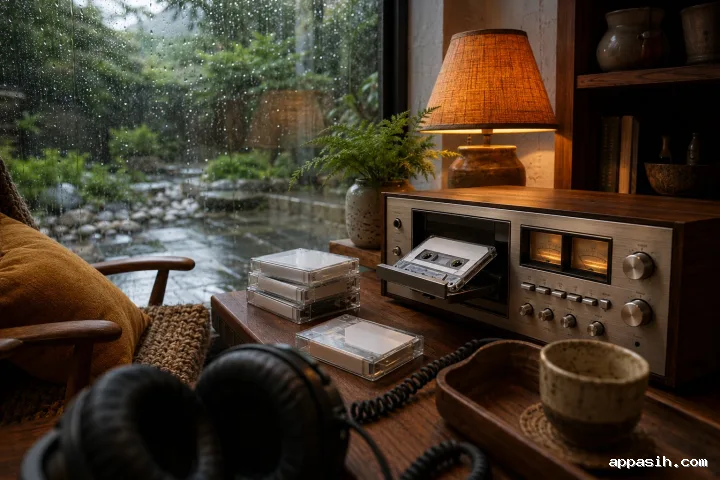 Closer three-quarter view of a nostalgic cassette listening desk with an unmarked tape partly inside a generic wood veneer deck, headphones in the foreground, amber lamp glow, and raindrops on the window.