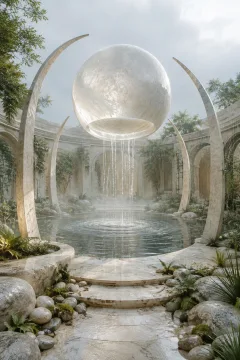 Surreal portrait scene of a translucent pearl-white spherical moonwell floating above a circular rain-filled garden pool surrounded by pale limestone terraces, mist, ferns, and curved stone arches.