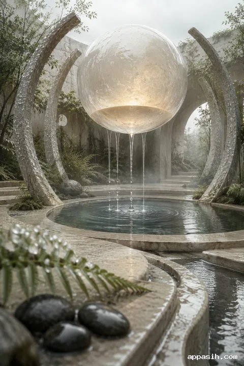 Closer three-quarter portrait view of a translucent floating moonwell releasing luminous rain into a circular reflecting pool, framed by wet limestone, fern droplets, mist, curved stone arches, and expanding ripples.