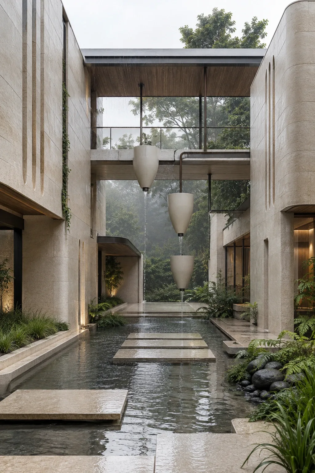 Portrait view of a contemporary pale limestone rainwater courtyard with suspended ivory ceramic spillways releasing water into a reflective central basin during a gentle morning shower.