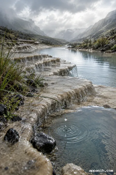 Closer portrait perspective beside the Rainopal Tufa Mirror Basin, with wet ivory mineral terraces, foreground grass droplets and dark pebbles leading toward reflective blue-gray water and mist-covered highland ridges.