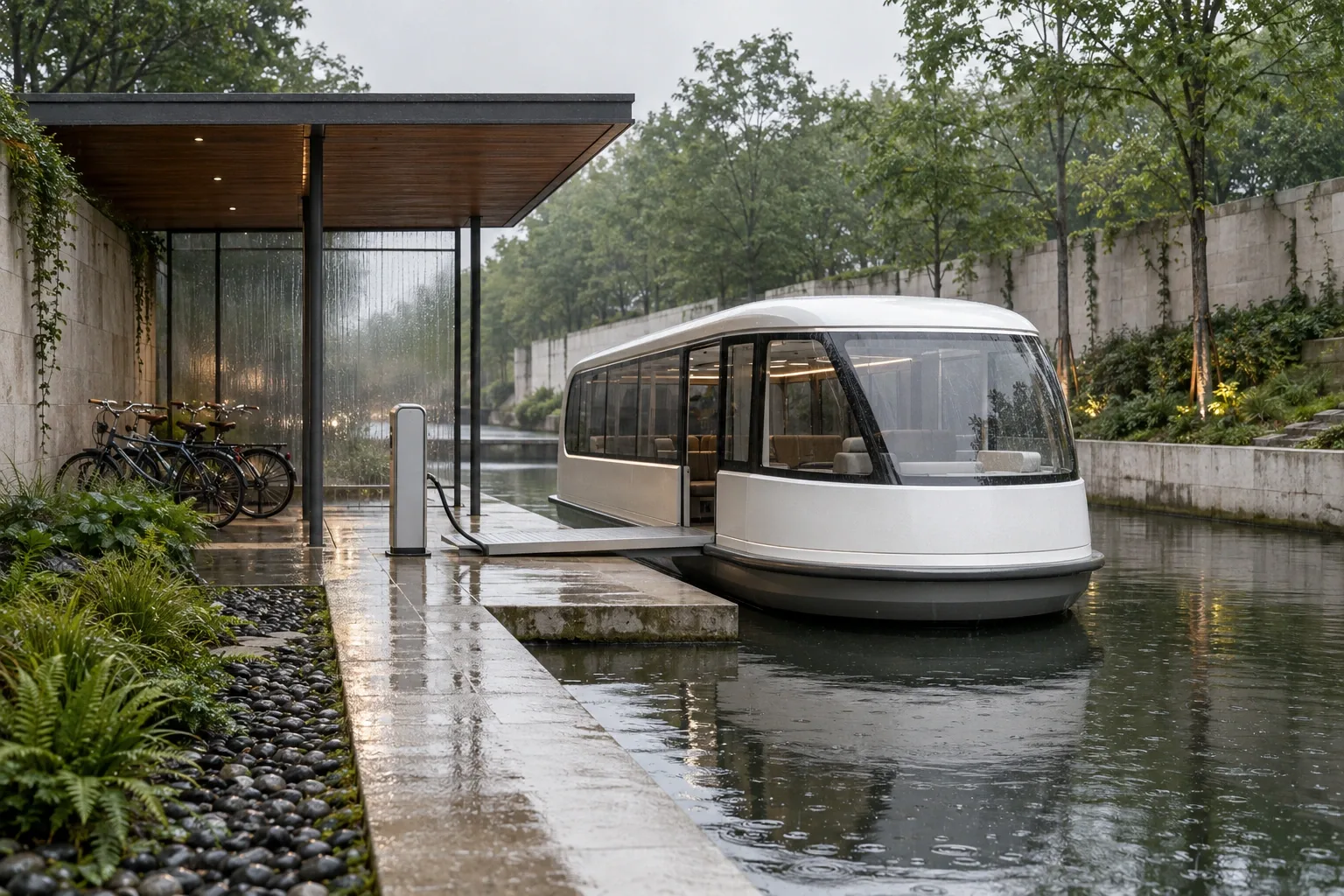 Compact pearl-white electric canal shuttle docked at a modern rain-soaked sustainable transit pier with limestone, timber, bicycles, greenery, and reflective water.