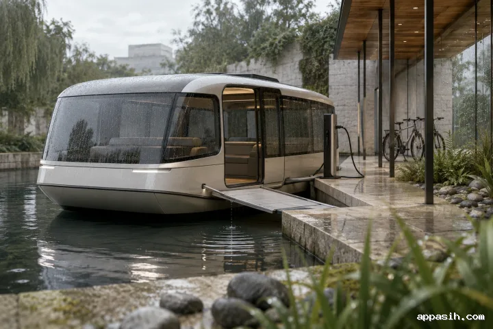 Close three-quarter view of a compact pearl-white electric canal shuttle beside a rain-wet limestone pier as water drips from the gangway into the reflective canal.