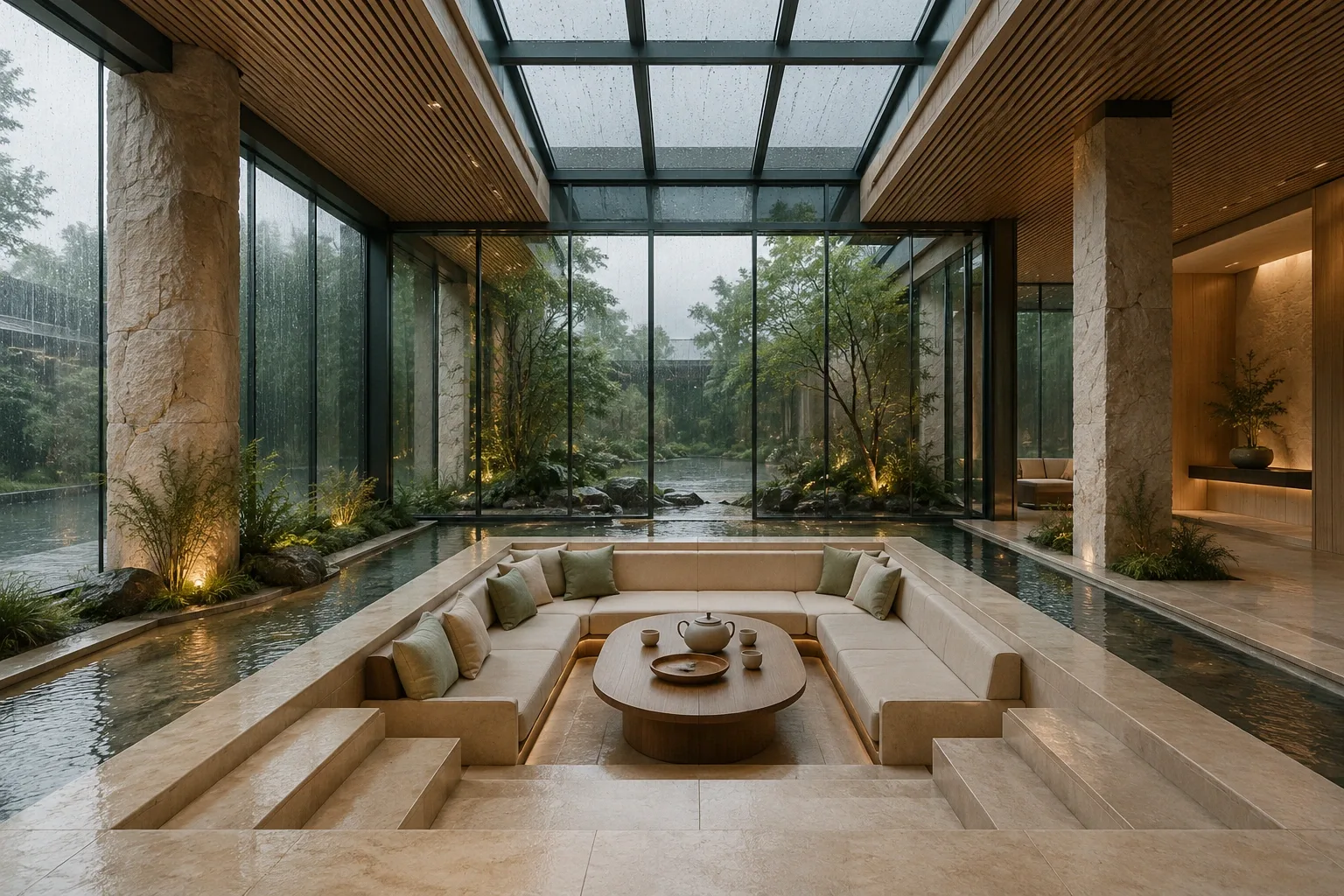 Serene contemporary sunken tea conservatory with pale limestone steps, warm timber seating, an oval tea table, rain-beaded glass walls, indoor greenery, and shallow reflective water channels.