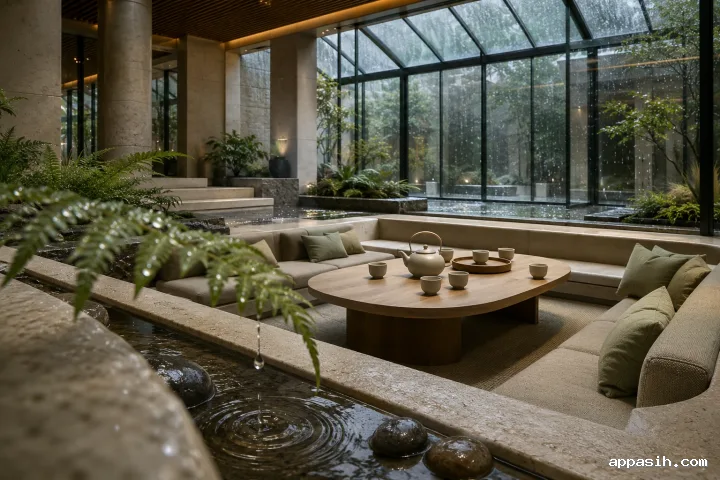Closer three-quarter view of a serene sunken tea conservatory with an oval timber tea table, pale limestone seating terraces, rainwater channels, warm timber details, wet pebbles, ferns, and rain-streaked glazing.