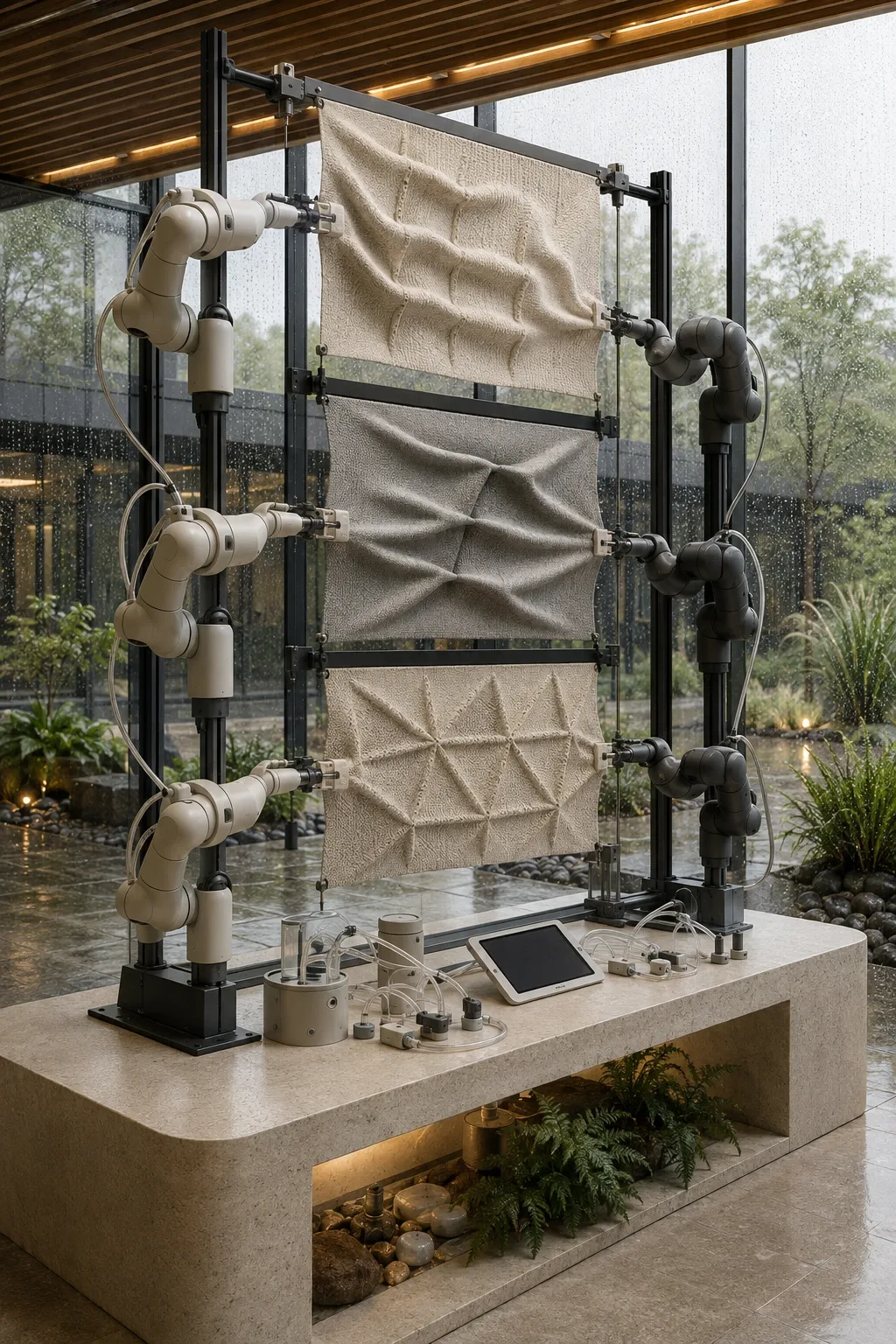 Portrait view of a rain-lit soft robotics laboratory with flexible robotic actuators testing vertically suspended programmable textile sheets inside a contemporary glass research atrium.