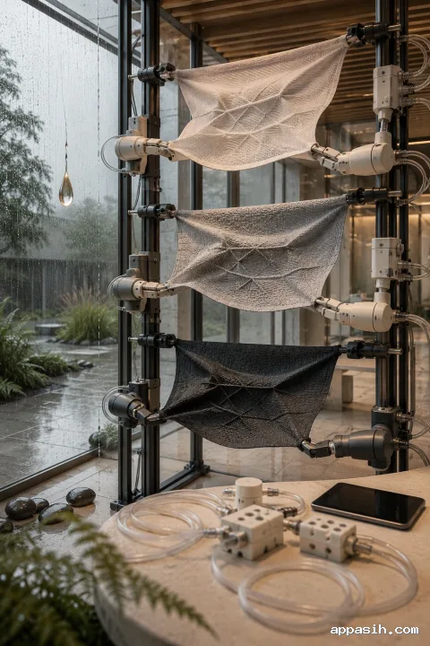 Closer low three-quarter portrait view of soft robotic fingers manipulating layered programmable textiles in a rain-lit research atrium, with pneumatic tubing and wet architectural details in the foreground.