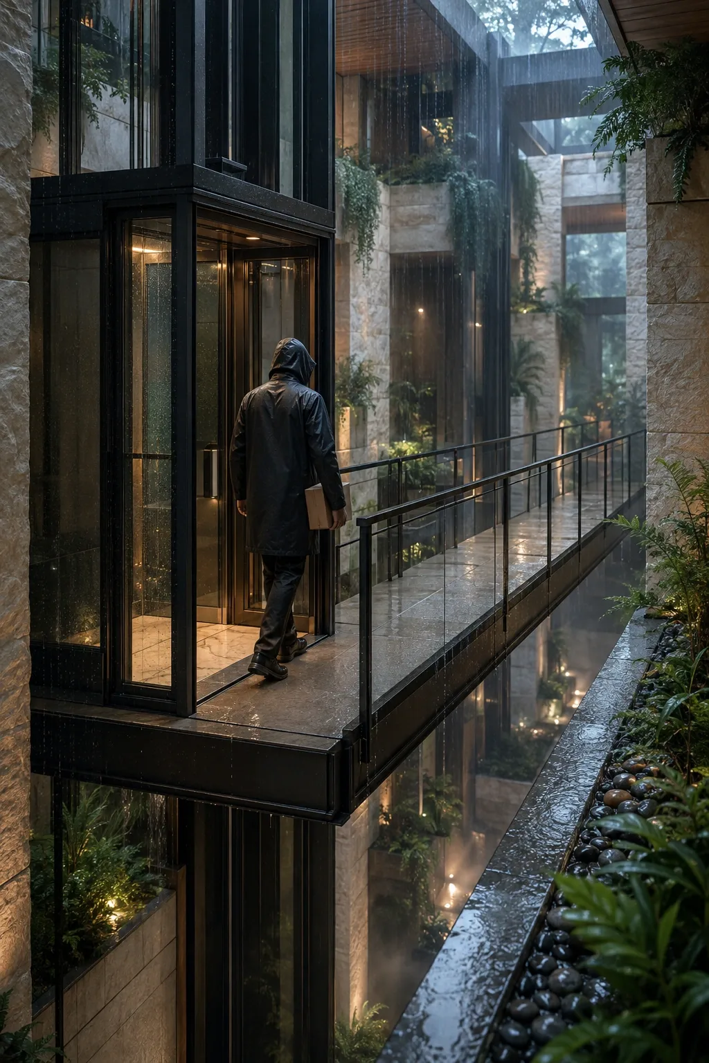 Anonymous courier stepping from a glass elevator onto a suspended bridge inside a rain-soaked vertical garden atrium with limestone walls and warm architectural lighting.