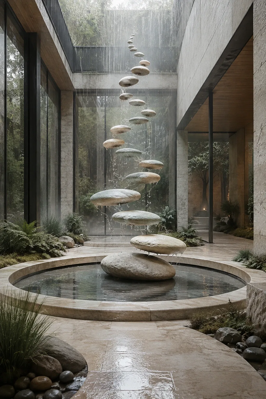 Surreal limestone conservatory with smooth stones levitating in a spiral above a reflective circular basin while clear water rises upward during a gentle morning rain.