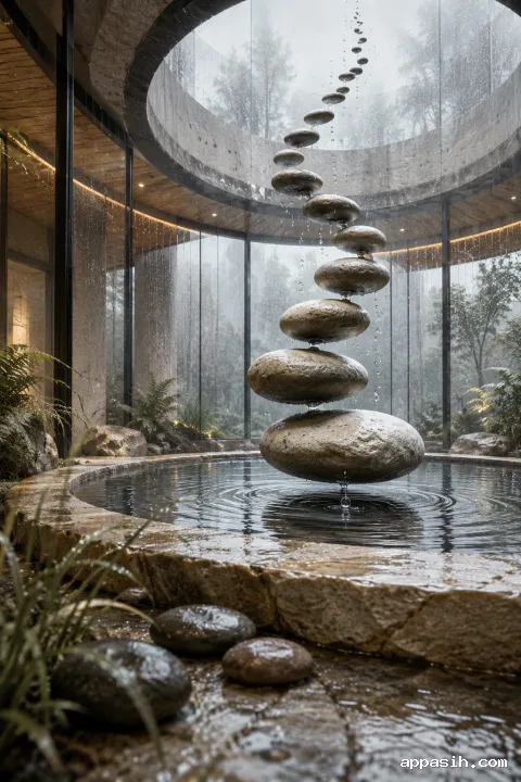 Closer low-angle view of a surreal limestone conservatory where levitating river stones spiral above a mirror basin and a droplet rises from a fresh ripple into the rainy air.