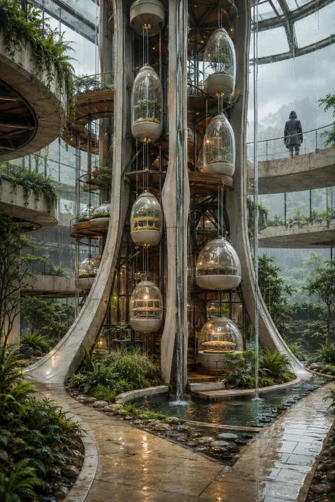 Portrait concept art of a tall futuristic seed preservation tower inside a rain-filled vertical conservatory, surrounded by suspended botanical capsules, pale stone walkways, plants, and reflective water.