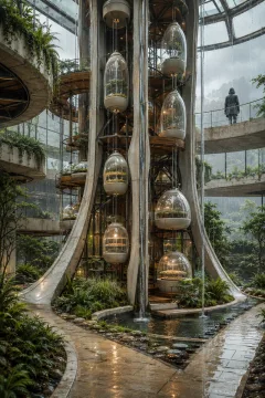 Portrait concept art of a tall futuristic seed preservation tower inside a rain-filled vertical conservatory, surrounded by suspended botanical capsules, pale stone walkways, plants, and reflective water.