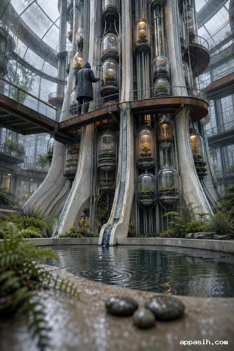 Detailed portrait concept art of the Rainspire Atmospheric Seed Vault viewed from a low three-quarter angle, with suspended botanical capsules, glowing climate chambers, rainwater conduits, a reflecting basin, and an anonymous technician above.