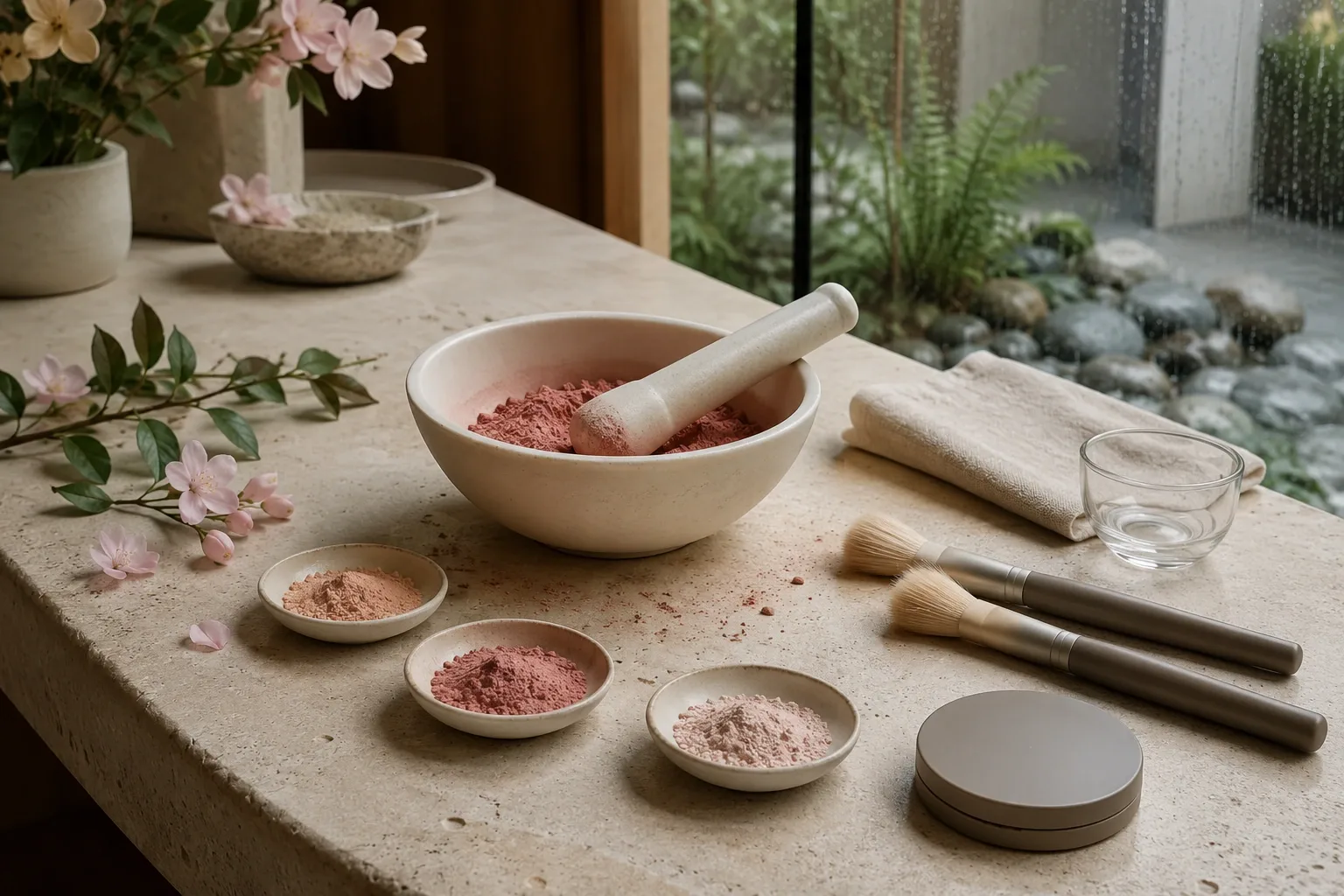 Rain-lit cosmetic atelier with a dusty rose mineral blush grinding bowl, ceramic pigment dishes, plain beauty brushes, and botanical accents on a pale limestone vanity.