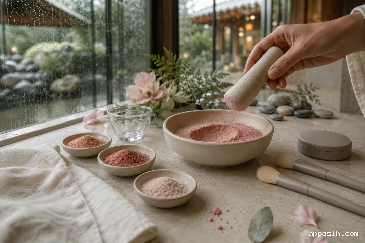 Close three-quarter view of a dusty rose mineral blush grinding bowl with a lifted ceramic pestle, pigment dishes, cosmetic brushes, linen, and rain-lit botanical details.