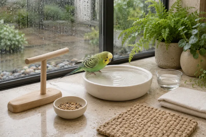 Small green and yellow companion parakeet beside a shallow ivory ceramic bird bath on a limestone conservatory ledge during a soft rainy morning.