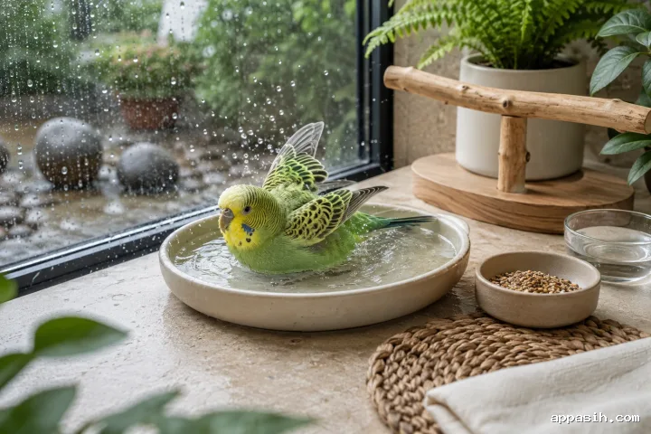 Close three-quarter view of a green and yellow companion parakeet gently bathing in an ivory ceramic dish beside rain-beaded conservatory glazing and soft botanical greenery.