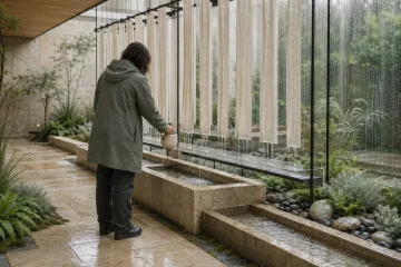 Anonymous environmental caretaker collecting condensed rainwater from suspended fog-harvesting ribbons inside a rain-soaked limestone conservatory.