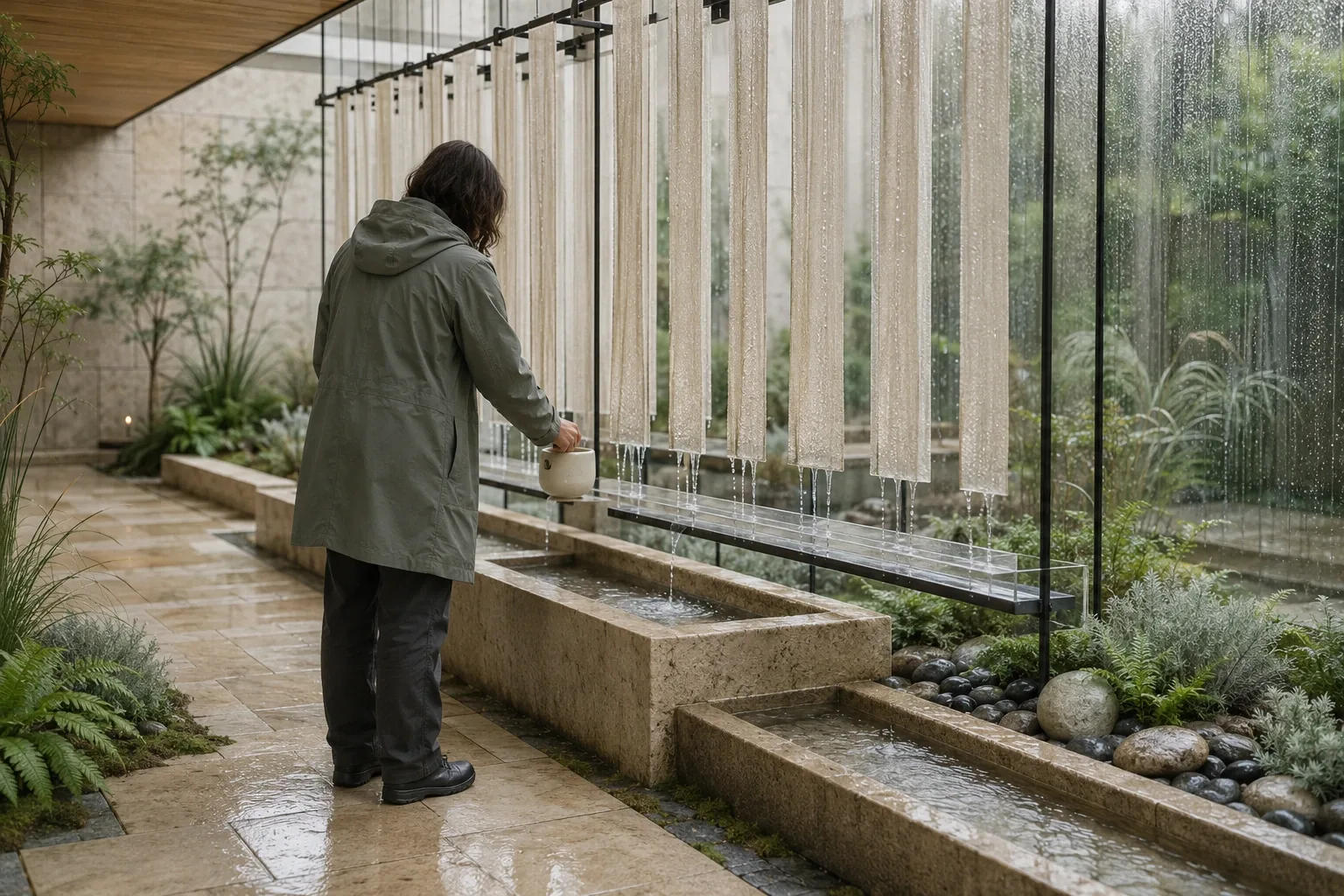 Anonymous environmental caretaker collecting condensed rainwater from suspended fog-harvesting ribbons inside a rain-soaked limestone conservatory.