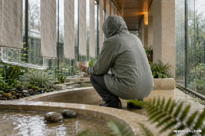 Closer three-quarter rear view of an anonymous fog harvester tilting a ceramic vessel beneath a dripping condensation ribbon in a rainy limestone conservatory.