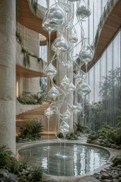 Portrait surreal limestone conservatory with translucent suspended glass roots containing miniature rain clouds above a circular reflective water basin.