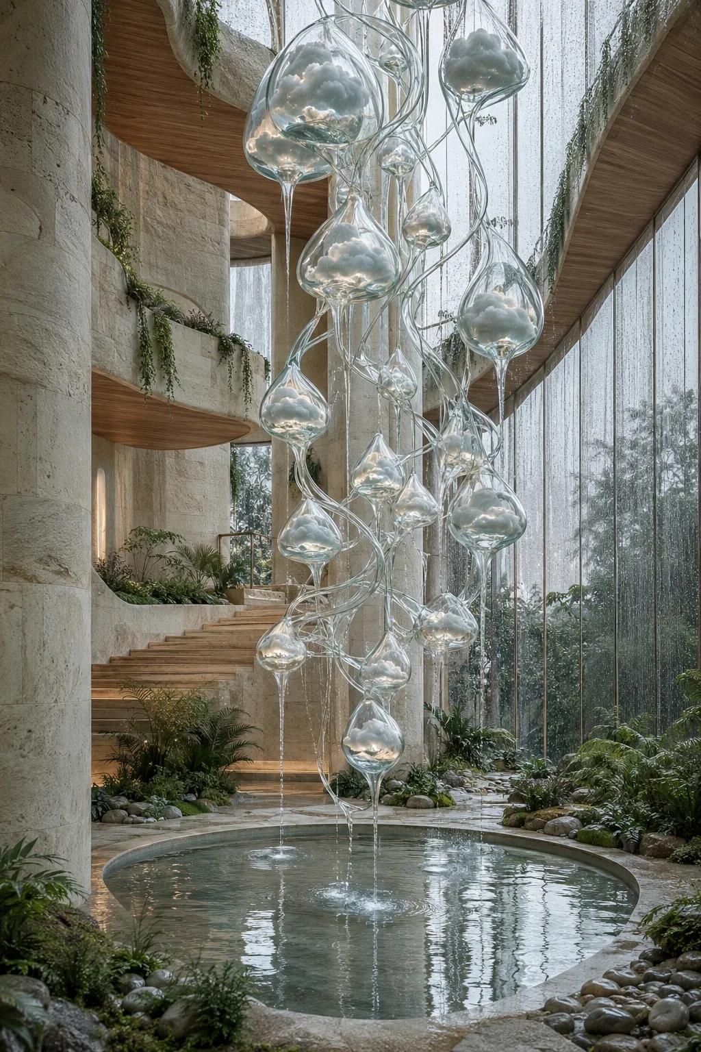 Portrait surreal limestone conservatory with translucent suspended glass roots containing miniature rain clouds above a circular reflective water basin.