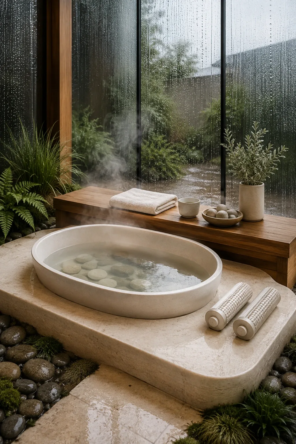 Portrait view of a serene rain-lit wellness conservatory with an ivory mineral foot-soak basin, clear warm water, pale river stones, a timber bench, linen towel, foot rollers, and restrained greenery.
