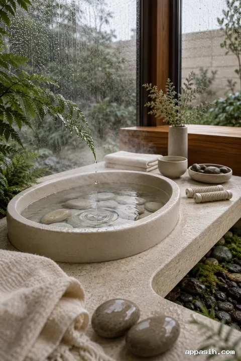 Close three-quarter portrait view of an ivory mineral foot-soak basin in a rain-lit wellness conservatory as a fern droplet creates a small ripple among submerged pale stones, with linen, foot rollers, timber seating, and greenery surrounding the scene.