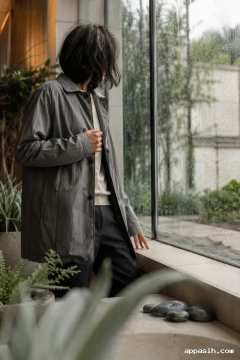 Closer three-quarter portrait of an anonymous adult beside rain-beaded conservatory glazing, framed by soft foliage, wet pebbles, and pale limestone.