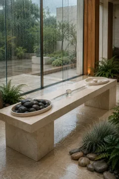 Portrait editorial concept showing a limestone balance table with one stone-filled tray, one lightly loaded tray, and a glass water channel inside a rain-covered conservatory.