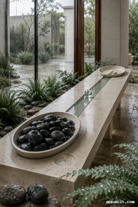 Close three-quarter portrait view of an unequal stone-load installation connected by a glass water channel, with a falling droplet inside a rainy limestone conservatory.