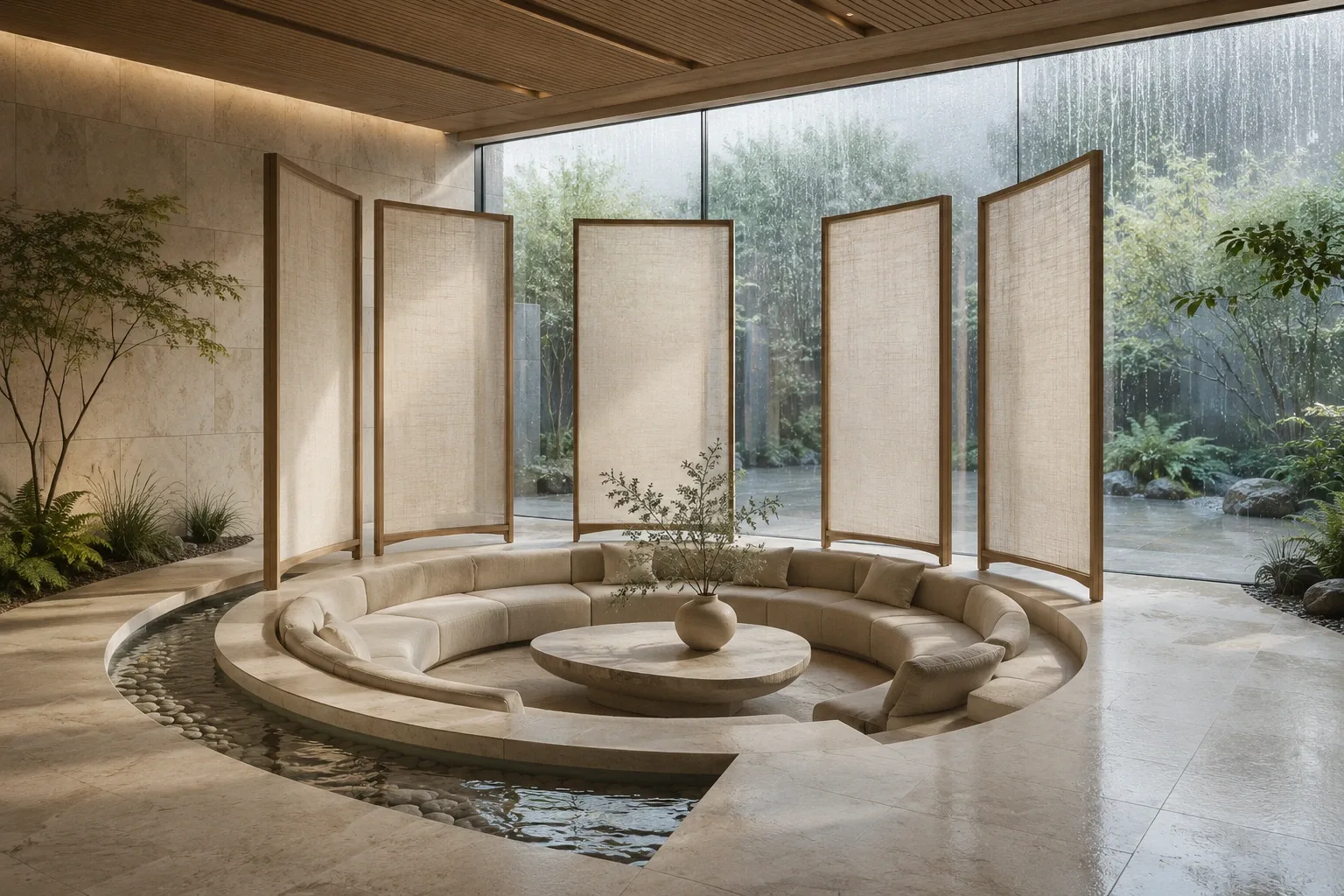 Contemporary sunken conversation lounge with translucent pivoting textile screens, pale limestone, warm timber, indoor greenery, and rain-covered glazing.