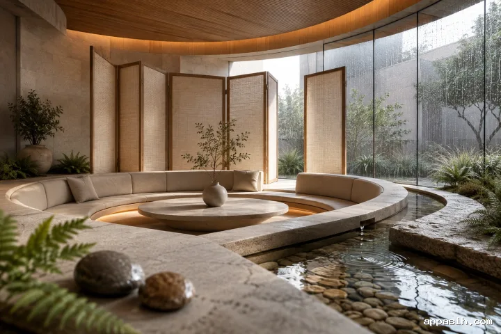 Closer three-quarter view of a circular sunken conversation lounge with translucent pivot screens, limestone seating edge, rain-beaded glazing, indoor plants, and a rippling water channel.
