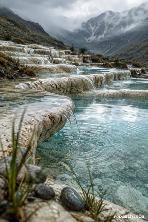 Closer portrait view beside an ivory silica mineral pool as rain and cascading droplets ripple pale turquoise water across terraces beneath misty mountain ridges.