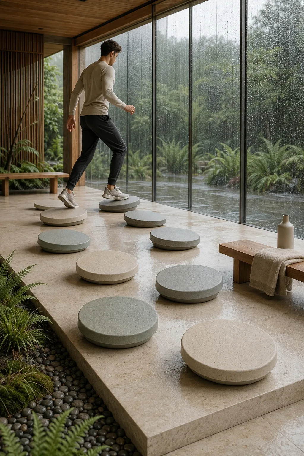Portrait view of an anonymous athlete stepping across staggered circular balance discs inside a serene rain-lit contemporary fitness atrium.