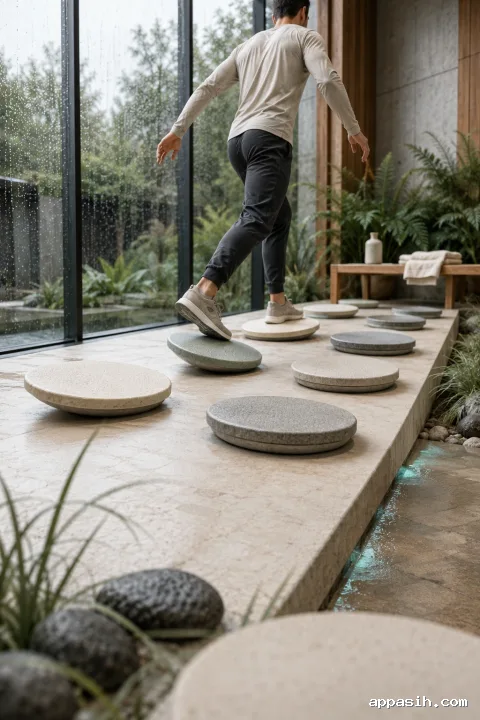 Closer low three-quarter portrait view of an anonymous athlete transferring weight between staggered balance discs in a rain-lit contemporary fitness atrium.