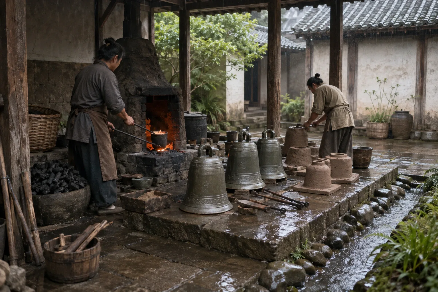 Two anonymous artisans practicing traditional bronze bell casting around clay molds and a small furnace in a rain-washed heritage courtyard.