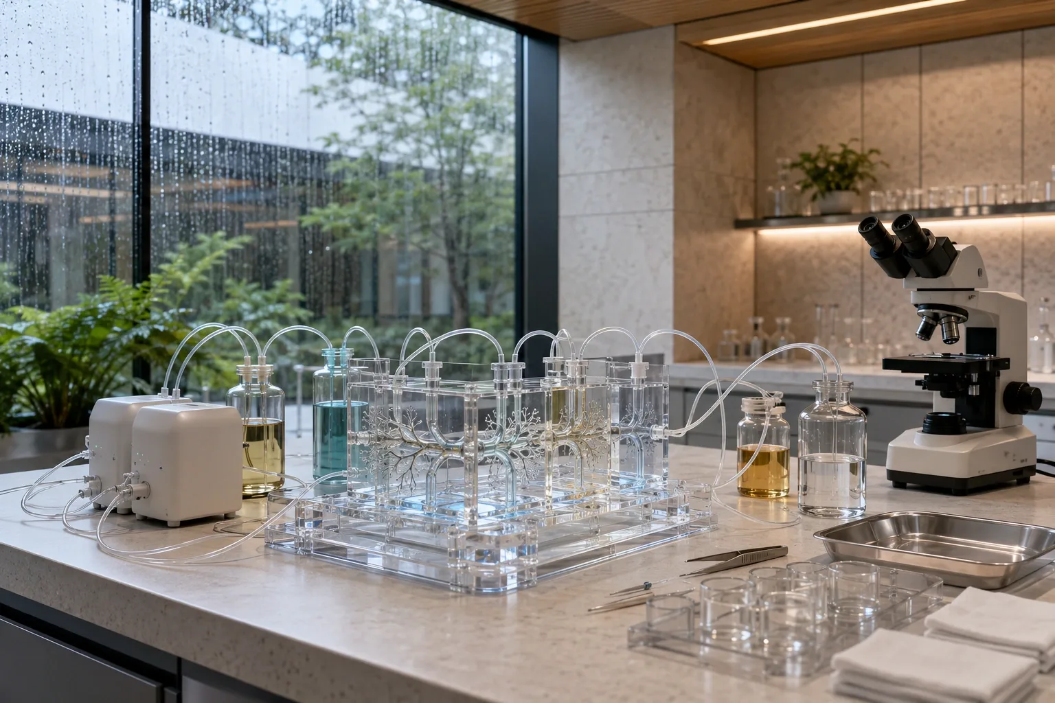 Contemporary biomedical laboratory with a transparent microvascular perfusion platform, branching fluid channels, precision pumps, microscope, sterile tubing, and rain-covered glazing.