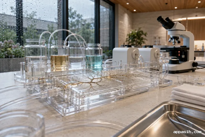 Close three-quarter view of a transparent microvascular perfusion platform with branching liquid channels, sterile tubing, precision pumps, microscope, and softly illuminated rainy laboratory glazing.