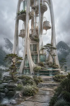 Portrait concept art of a monumental pale cloudwater resonance tower with suspended ceramic rain collectors, transparent water conduits, elevated gardens, misty mountains, and gentle morning rain.