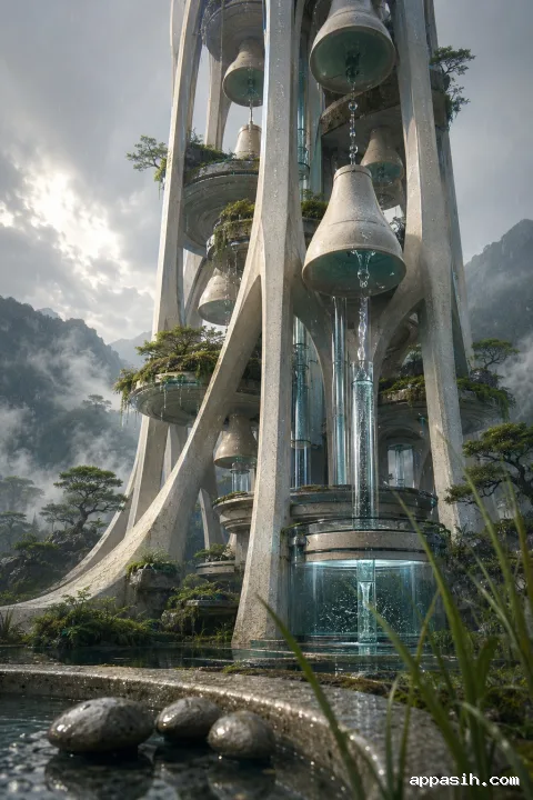 Close low-angle portrait concept art of the Rainwell Cloudwater Resonance Tower with ceramic rain collectors, flowing transparent conduits, wet reservoir terraces, lush elevated planting, misty mountains, and fine morning rain.